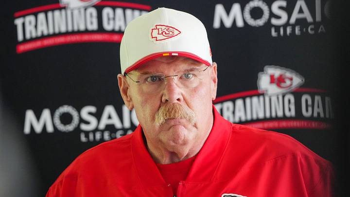 Jul 22, 2025; St. Joseph, MO, USA; Kansas City Chiefs head coach Andy Reid speaks to media after training camp at Missouri Western State University. Mandatory Credit: Denny Medley-Imagn Images
