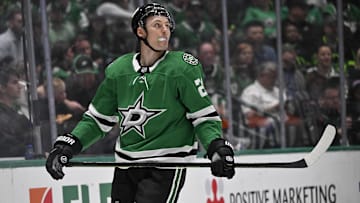 Oct 26, 2024; Dallas, Texas, USA; Dallas Stars center Roope Hintz (24) in action during the game between the Dallas Stars and the Chicago Blackhawks at American Airlines Center. Mandatory Credit: Jerome Miron-Imagn Images