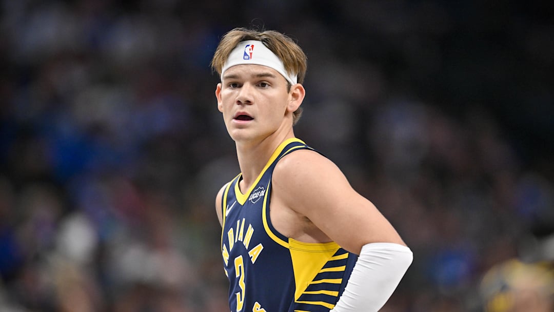 Oct 29, 2025; Dallas, Texas, USA; Indiana Pacers guard Mac McClung (3) looks on during the second quarter against the Dallas Mavericks at the American Airlines Center. Mandatory Credit: Jerome Miron-Imagn Images