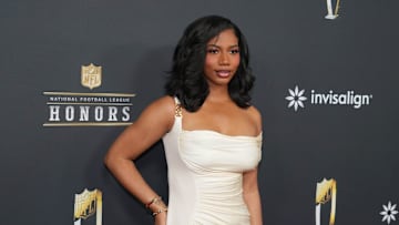 Feb 6, 2025; New Orleans, LA, USA; Taylor Rooks on the red carpet before Super Bowl LIX NFL Honors at Saenger Theatre. Mandatory Credit: Kirby Lee-Imagn Images