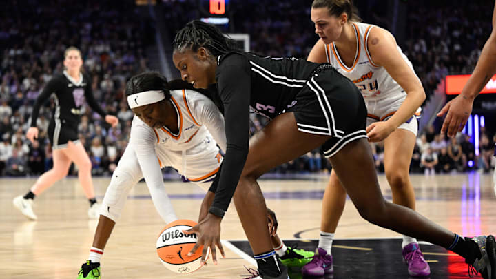 Aug 19, 2025; San Francisco, California, USA; Phoenix Mercury guard Kahleah Copper (2) and Golden State Valkyries forward Laeticia Amihere (3) reach for a loose ball in the third quarter at Chase Center. Mandatory Credit: Eakin Howard-Imagn Images Aug 19, 2025; San Francisco, California, USA; Phoenix Mercury guard Kahleah Copper (2) and Golden State Valkyries forward Laeticia Amihere (3) reach for a loose ball in the third quarter at Chase Center. Mandatory Credit: Eakin Howard-Imagn Images