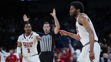 Mar 20, 2025; Wichita, KS, USA; Texas Tech Red Raiders guard Kerwin Walton (24) reacts after a basket in the first half of a first round men’s NCAA Tournament game against the North Carolina-Wilmington Seahawks at Intrust Bank Arena. Mandatory Credit: Kirby Lee-Imagn Images