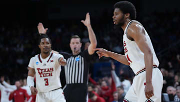 Mar 20, 2025; Wichita, KS, USA; Texas Tech Red Raiders guard Kerwin Walton (24) reacts after a basket in the first half of a first round men’s NCAA Tournament game against the North Carolina-Wilmington Seahawks at Intrust Bank Arena. Mandatory Credit: Kirby Lee-Imagn Images