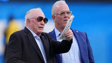 Dallas Cowboys owner Jerry Jones (left) and chief executive vice president Stephen Jones react before the game against the Los Angeles Chargers at SoFi Stadium.