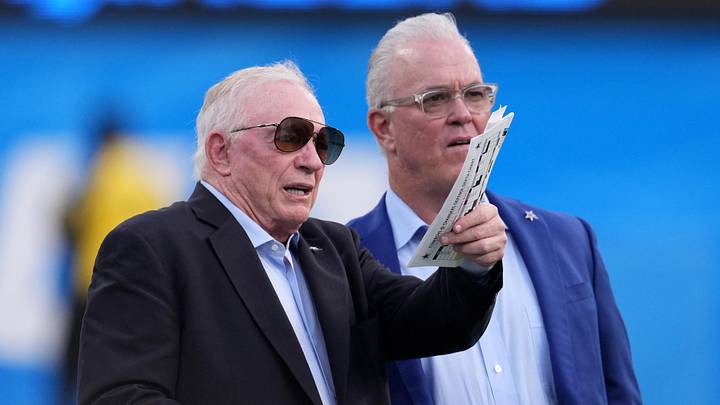 Dallas Cowboys owner Jerry Jones (left) and chief executive vice president Stephen Jones react before the game against the Los Angeles Chargers at SoFi Stadium.