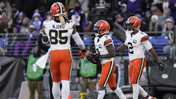 Nov 12, 2023; Baltimore, Maryland, USA; Cleveland Browns wide receiver Elijah Moore (8) celebrates his touchdown against the Baltimore Ravens during the second half at M&T Bank Stadium. Mandatory Credit: Jessica Rapfogel-Imagn Images