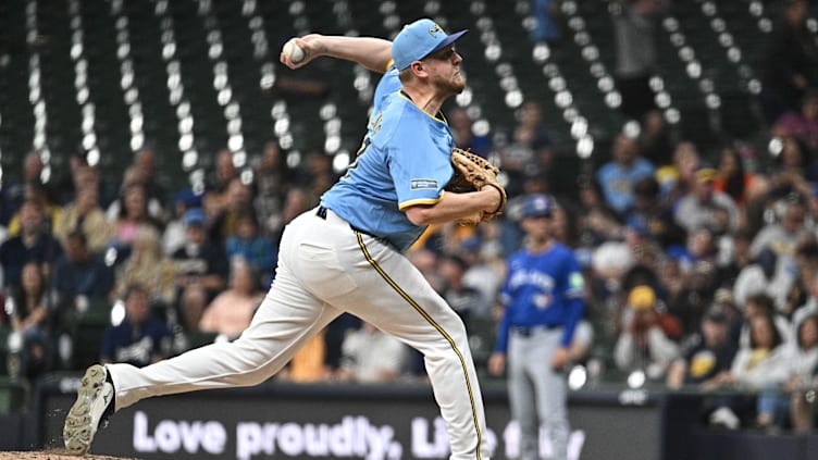 Jun 11, 2024; Milwaukee, Wisconsin, USA; Milwaukee Brewers relief pitcher Jared Koenig (47) delivers a pitch against the Toronto Blue Jays in the sixth inning at American Family Field. Mandatory Credit: Michael McLoone-USA TODAY Sports