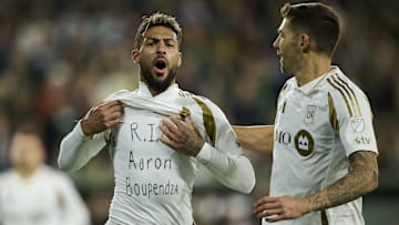 LAFC forward Denis Bouanga, left, honored his former Gabonese national teammate Aaron Boupendza, who died earlier in the week