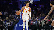 Nov 30, 2025; Philadelphia, Pennsylvania, USA; Atlanta Hawks forward Jalen Johnson (1) controls the ball against the Philadelphia 76ers in the first quarter at Xfinity Mobile Arena. Mandatory Credit: Kyle Ross-Imagn Images