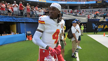 Sep 29, 2024; Inglewood, California, USA;  Kansas City Chiefs wide receiver Rashee Rice (4) leaves the field following the game against the Los Angeles Chargers at SoFi Stadium. Mandatory Credit: Jayne Kamin-Oncea-Imagn Images