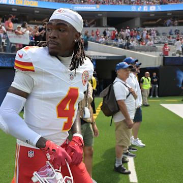 Sep 29, 2024; Inglewood, California, USA;  Kansas City Chiefs wide receiver Rashee Rice (4) leaves the field following the game against the Los Angeles Chargers at SoFi Stadium. Mandatory Credit: Jayne Kamin-Oncea-Imagn Images