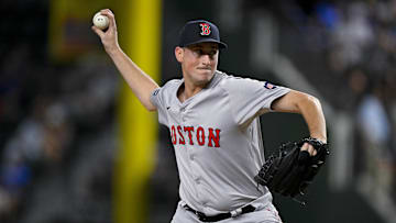 Aug 3, 2024; Arlington, Texas, USA; Boston Red Sox starting pitcher Cooper Criswell (64) in action during the game between the Texas Rangers and the Boston Red Sox at Globe Life Field. Mandatory Credit: Jerome Miron-Imagn Images