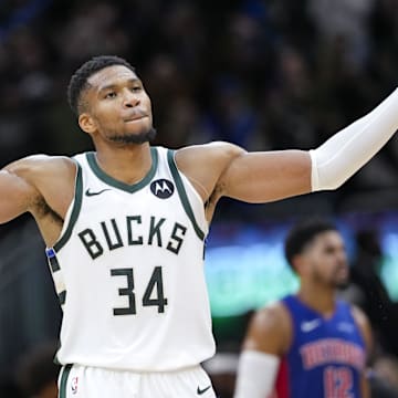 Nov 13, 2024; Milwaukee, Wisconsin, USA;  Milwaukee Bucks forward Giannis Antetokounmpo (34) celebrates following the game against the Detroit Pistons at Fiserv Forum. Mandatory Credit: Jeff Hanisch-Imagn Images