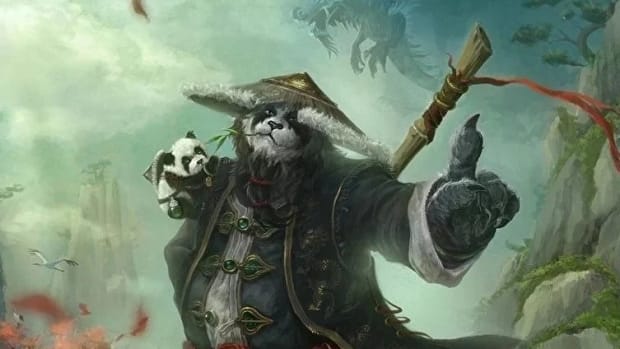 World of Warcraft Pandaren Monk holding a bird on his hand.