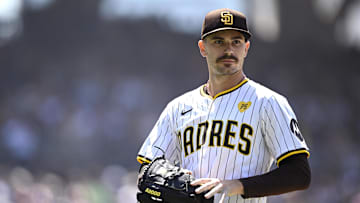 Jun 26, 2024; San Diego, California, USA; San Diego Padres starting pitcher Dylan Cease (84) looks on after pitching the top of the seventh inning against the Washington Nationals at Petco Park. Mandatory Credit: Orlando Ramirez-Imagn Images