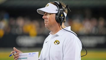 Aug 29, 2024; Columbia, Missouri, USA; Missouri Tigers head coach Eli Drinkwitz on field against the Murray State Racers during the game at Faurot Field at Memorial Stadium. Mandatory Credit: Denny Medley-Imagn Images