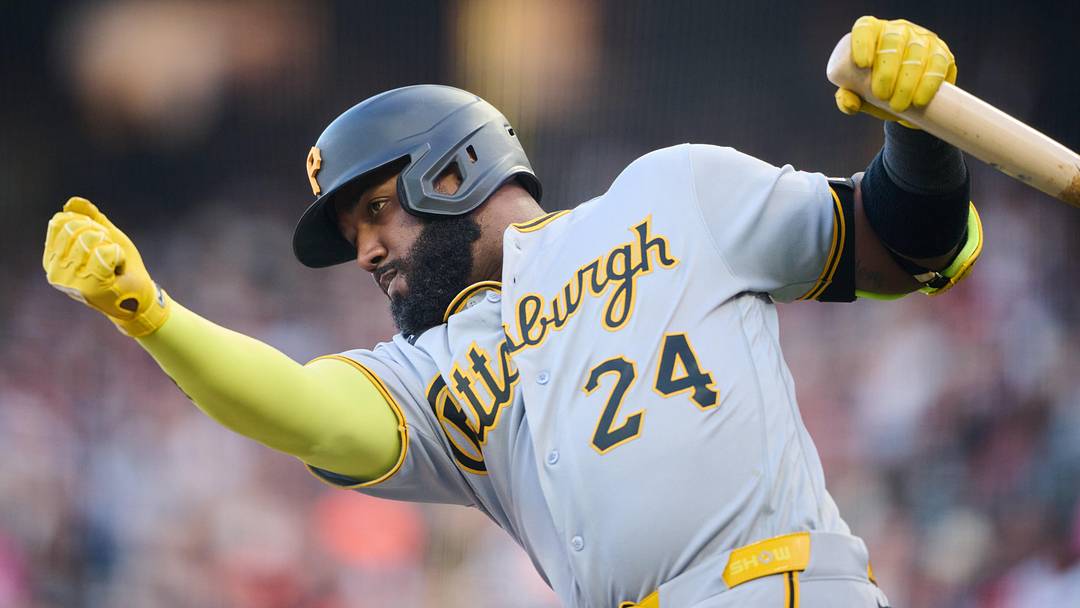 May 9, 2026; San Francisco, California, USA; Pittsburgh Pirates designated hitter Marcell Ozuna (24) takes a practice swing before batting against the San Francisco Giants during the fourth inning at Oracle Park. Mandatory Credit: Robert Edwards-Imagn Images