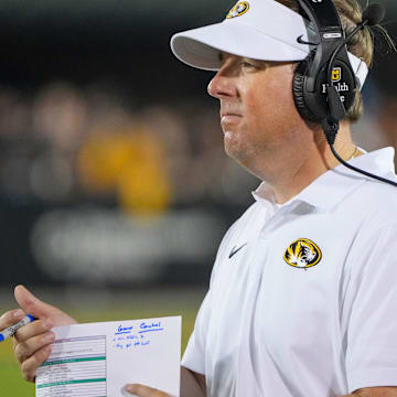 Aug 29, 2024; Columbia, Missouri, USA; Missouri Tigers head coach Eli Drinkwitz on field against the Murray State Racers during the game at Faurot Field at Memorial Stadium. Mandatory Credit: Denny Medley-Imagn Images