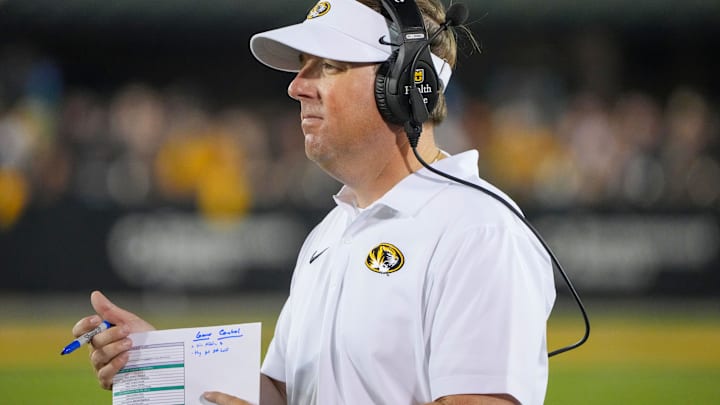 Aug 29, 2024; Columbia, Missouri, USA; Missouri Tigers head coach Eli Drinkwitz on field against the Murray State Racers during the game at Faurot Field at Memorial Stadium. Mandatory Credit: Denny Medley-Imagn Images