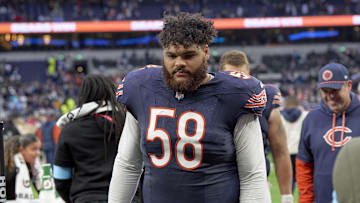 Oct 13, 2024; London, United Kingdom; Chicago Bears offensive tackle Darnell Wright (58) after an NFL International Series game at Tottenham Hotspur Stadium.