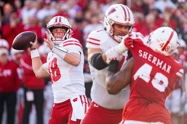 Wisconsin Badgers quarterback Braedyn Locke (18) throws against Nebraska Cornhuskers linebacker MJ Sherman (48).