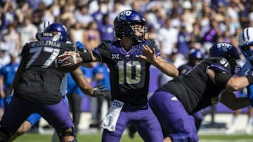 Oct 14, 2023; Fort Worth, Texas, USA; TCU Horned Frogs quarterback Josh Hoover (10) passes against the Brigham Young Cougars during the game at Amon G. Carter Stadium. Mandatory Credit: Jerome Miron-Imagn Images