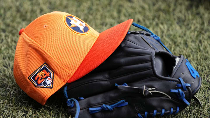 Feb 17, 2024; West Palm Beach, FL, USA; Detail photo of Houston Astros spring training cap. during workouts at spring training. 