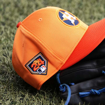 Feb 17, 2024; West Palm Beach, FL, USA; Detail photo of Houston Astros spring training cap. during workouts at spring training. 