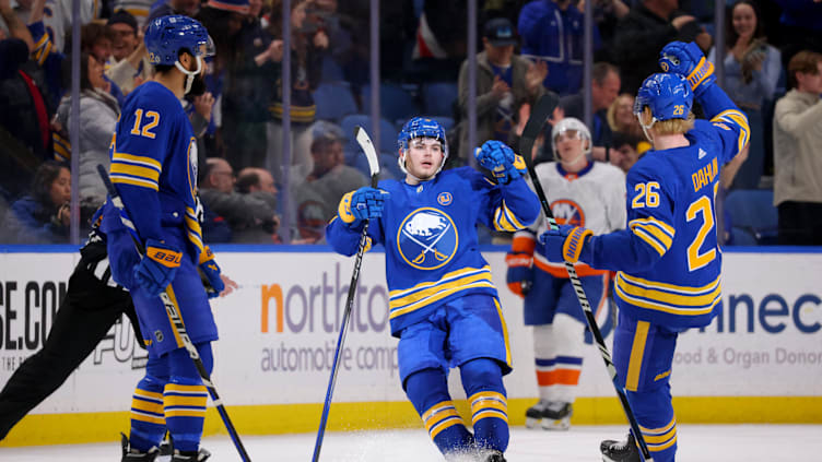 Mar 14, 2024; Buffalo, New York, USA;  Buffalo Sabres left wing Zach Benson (9) celebrates his