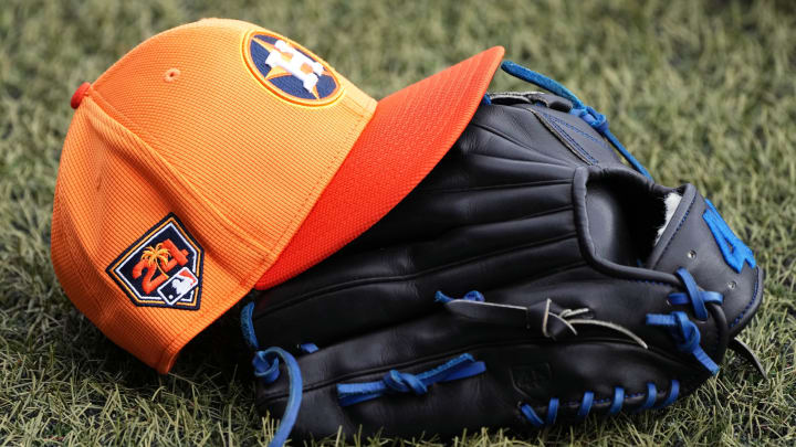 Feb 17, 2024; West Palm Beach, FL, USA; Detail photo of Houston Astros spring training cap. during workouts at spring training. 