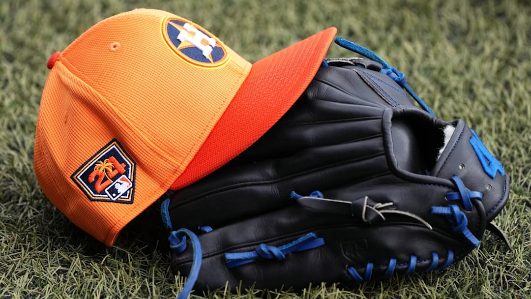 Detail photo of Houston Astros spring training cap. during workouts at spring training. 