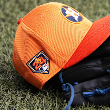 Feb 17, 2024; West Palm Beach, FL, USA; Detail photo of Houston Astros spring training cap. during workouts at spring training. 