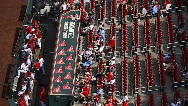 Aug 29, 2024; St. Louis, Missouri, USA;  A general view as fans look on from their seats during the eighth inning of a game between the St. Louis Cardinals and the San Diego Padres at Busch Stadium. Mandatory Credit: Jeff Curry-Imagn Images