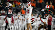 Nov 1, 2025; Corvallis, Oregon, USA; Washington State Cougars kicker Jack Stevens (38) reacts to missing a game tying field goal as Oregon State Beavers defensive back Jalil Tucker (22) celebrates in the background late in the 4th quarter at Reser Stadium. Mandatory Credit: Craig Strobeck-Imagn Images