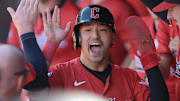 Oct 5, 2024; Cleveland, OH, USA; Cleveland Guardians outfielder Steven Kwan (38) celebrates after scoring a run against the Detroit Tigers in the first inning in game one of the ALDS for the 2024 MLB Playoffs at Progressive Field. Mandatory Credit: Ken Blaze-Imagn Images