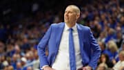 Dec 14, 2024; Lexington, Kentucky, USA; Kentucky Wildcats head coach Mark Pope looks on during the first half against the Louisville Cardinals at Rupp Arena at Central Bank Center. Mandatory Credit: Jordan Prather-Imagn Images