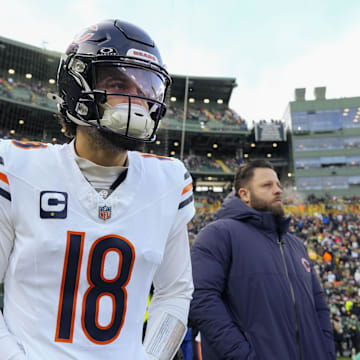 Jan 5, 2025; Green Bay, Wisconsin, USA;  Chicago Bears quarterback Caleb Williams (18) prior to the game against the Green Bay Packers at Lambeau Field. Mandatory Credit: Jeff Hanisch-Imagn Images