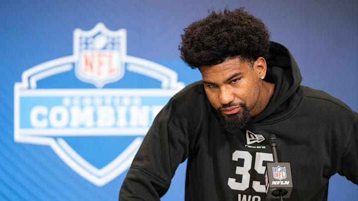 Feb 27, 2026; Indianapolis, IN, USA; Mississippi wideout De'Zhaun Stribling (WO35) speaks to members of the media during the NFL Combine at the Indiana Convention Center. Mandatory Credit: Jacob Musselman-Imagn Images