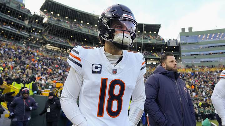 Jan 5, 2025; Green Bay, Wisconsin, USA;  Chicago Bears quarterback Caleb Williams (18) prior to the game against the Green Bay Packers at Lambeau Field. Mandatory Credit: Jeff Hanisch-Imagn Images