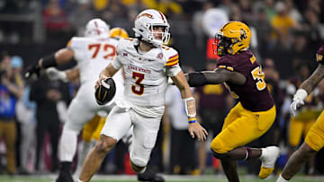 Dec 7, 2024; Arlington, TX, USA; Arizona State Sun Devils defensive lineman Prince Dorbah (32) and Iowa State Cyclones quarterback Rocco Becht (3) in action during the game between the Iowa State Cyclones and the Arizona State Sun Devils at AT&T Stadium. Mandatory Credit: Jerome Miron-Imagn Images