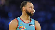 Feb 16, 2025; San Francisco, CA, USA; Shaq’s OGs guard Stephen Curry (30) of the Golden State Warriors reacts during the 2025 NBA All Star Game at Chase Center. Mandatory Credit: Kyle Terada-Imagn Images