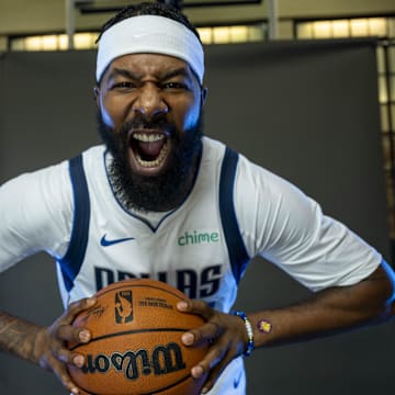 Sep 29, 2023; Dallas, TX, USA; Dallas Mavericks forward Markieff Morris (88) poses for a photo during the Mavs Media Day at the American Airlines Center. Mandatory Credit: Jerome Miron-Imagn Images