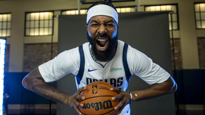 Sep 29, 2023; Dallas, TX, USA; Dallas Mavericks forward Markieff Morris (88) poses for a photo during the Mavs Media Day at the American Airlines Center. Mandatory Credit: Jerome Miron-Imagn Images