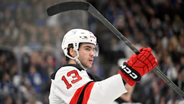 New Jersey Devils forward Nico Hischier (13). Mandatory Credit: Dan Hamilton-Imagn Images