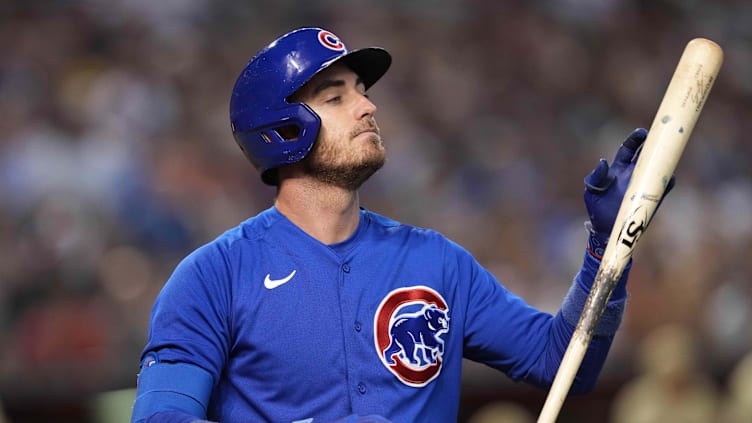 Sep 16, 2023; Phoenix, Arizona, USA; Chicago Cubs first baseman Cody Bellinger (24) reacts after