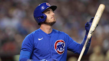 Sep 16, 2023; Phoenix, Arizona, USA; Chicago Cubs first baseman Cody Bellinger (24) reacts after