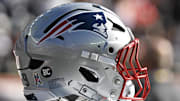 Nov 2, 2025; Foxborough, Massachusetts, USA;  Detail view of a New England Patriots helmet prior to the game against the Atlanta Falcons at Gillette Stadium. Mandatory Credit: Eric Canha-Imagn Images