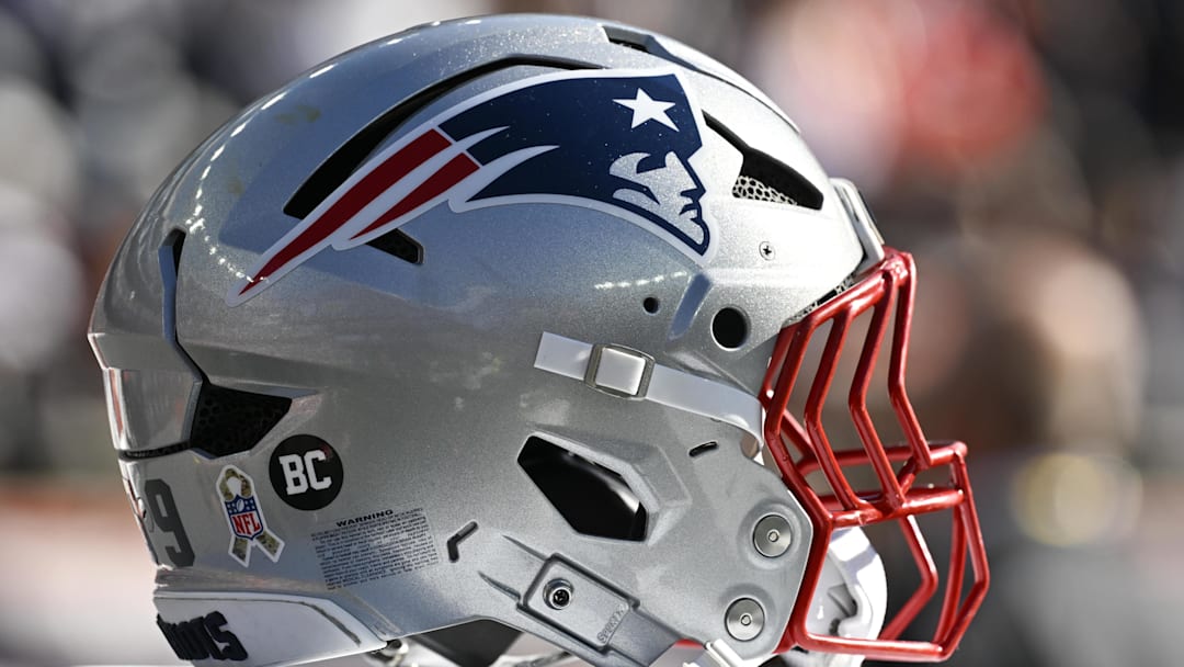 Nov 2, 2025; Foxborough, Massachusetts, USA;  Detail view of a New England Patriots helmet prior to the game against the Atlanta Falcons at Gillette Stadium. Mandatory Credit: Eric Canha-Imagn Images