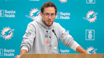 Miami Dolphins head coach Mike McDaniel speaks to reporters during training camp at Baptist Health Training Complex.