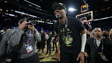 Dec 17, 2024; Las Vegas, Nevada, USA; Milwaukee Bucks forward Giannis Antetokounmpo (34) celebrates after winning the Emirates NBA Cup championship game against the Oklahoma City Thunder at T-Mobile Arena. Mandatory Credit: Kyle Terada-Imagn Images